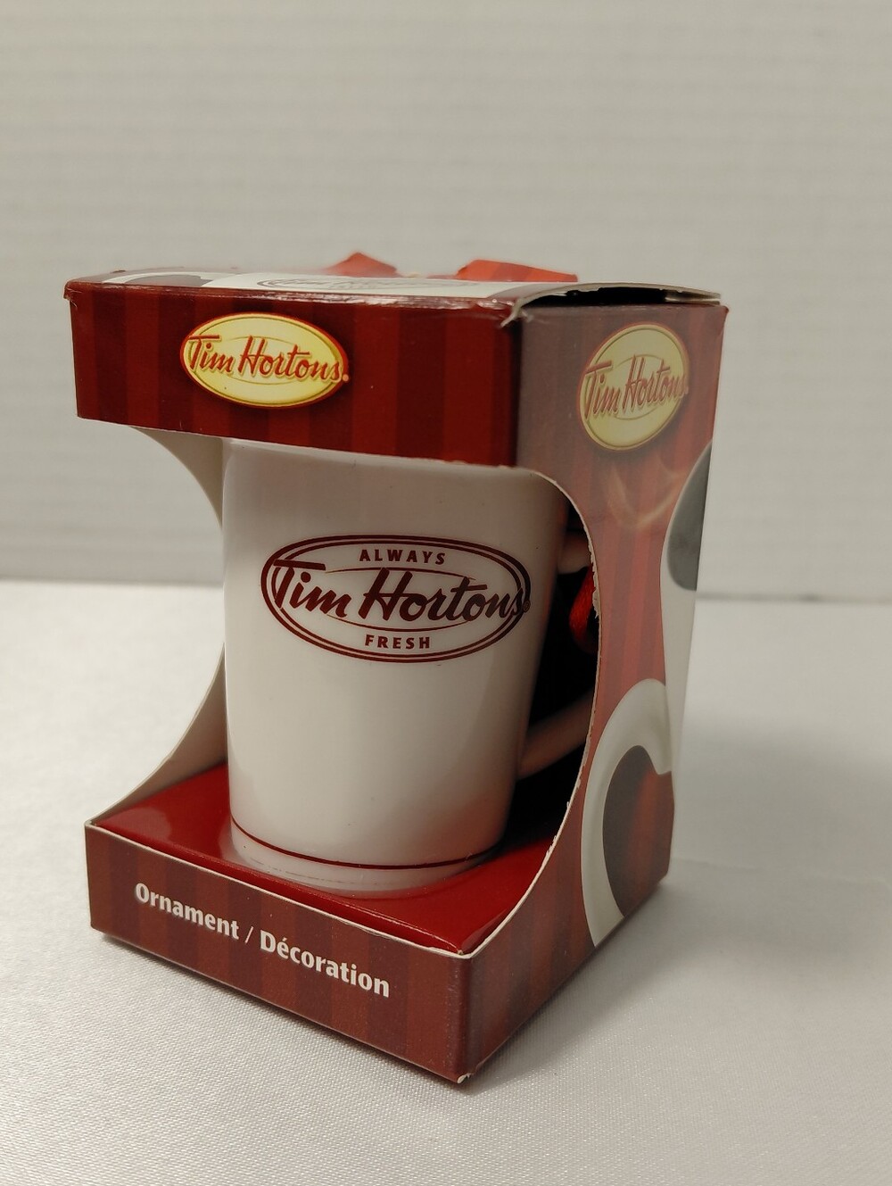 2011 Tim Hortons White Ceramic Mug Ornament with Logo